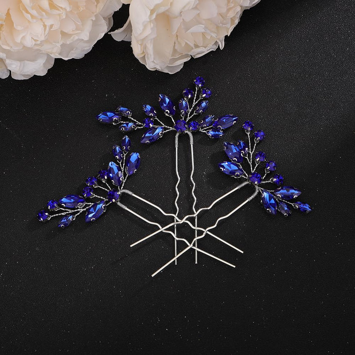 Teyglen 3pcs Crystal Bride Wedding Hair Pins Bridal Rhinestone Hair Pins Set Handmade Blue Black Red Crystal Hair Pieces
