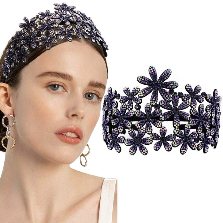 Firuilo Boho Wide Headband Rhinestones Hairband Sparke Crystal Flower Hair Band Hair Accessories for Women and GirlsPurp