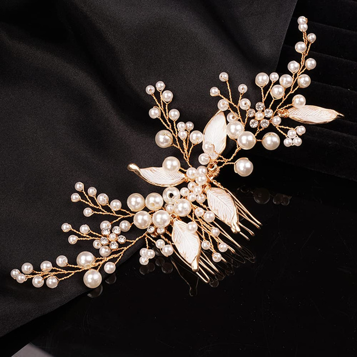 Teyglen Gold Leaf Headpiece Pearl Bride Wedding Hair Comb Gold Leaf Pearl Side Hair Comb Handmade Hair Pieces Bridal Hai