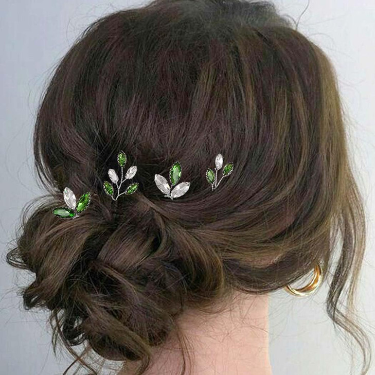 Casdre Green Rhinestone Bridal Hair Pins Silver Bride Wedding Hair Pieces Small Hair Clips Crystal Hair Accessories for