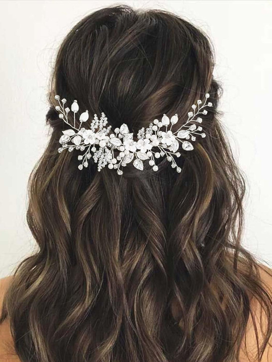 Catery Flower Bridal Hair Vine Silver Crystal Pearl Bride Wedding Headpieces Leaf Hair Accessories for Women and Girls