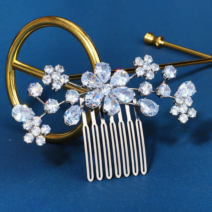 Missgrace Silver Bride Wedding Prom Sparkling Simple Zircon Side Hair Comb Crystal Rhinestones Flower Hair Comb Clips Br