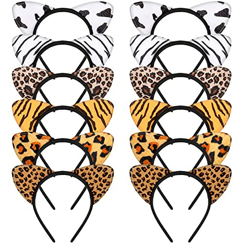 WILLBOND 12 Pieces Cheetah Ears Headband for Women Leopard Cat Ears Headband Holiday Party SuppliesAssorted Animal Serie