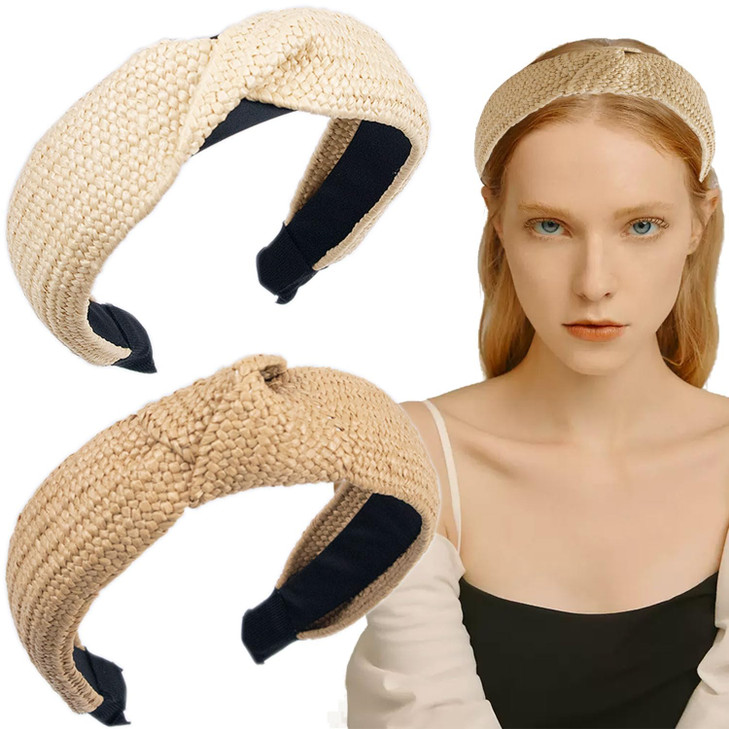 2 Pieces Straw Knotted Headbands for Women Top Knot Headband Boho Wide Head band Twist Woven Headwear Summer Beach Ratta