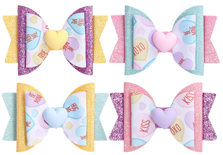 Whaline 4Pcs Valentines Day Hair Bow Clips Colorful Candy Heart Hairgrips Glitter Leather Hair Barrettes Sparkly Alligat