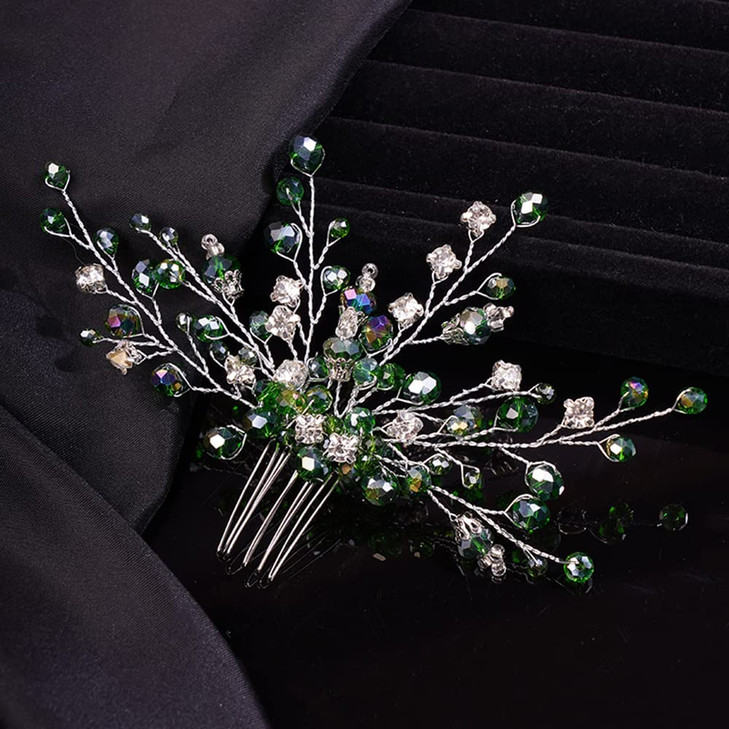 Teyglen Bridal Green Crystal Hair Comb Rhinestone Bride Wedding Hair Comb Sparkly Hair Piece Hair Accessories for Bride