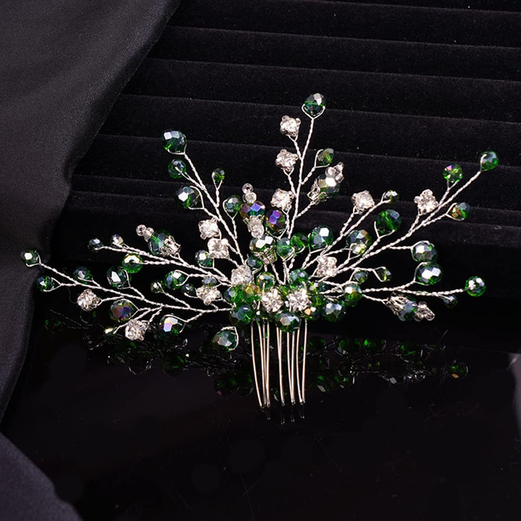 Teyglen Bridal Green Crystal Hair Comb Rhinestone Bride Wedding Hair Comb Sparkly Hair Piece Hair Accessories for Bride