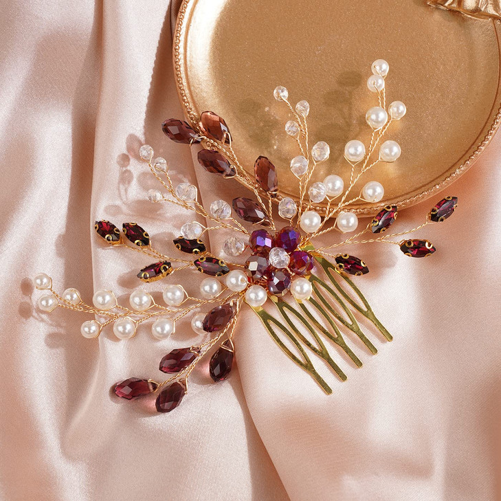 BERYUAN Wine Red Crystal Pearls Hair Comb Wine Red Beads Flower Hair Piece Gold Wedding Head Piece Pearls Crystal Rhines