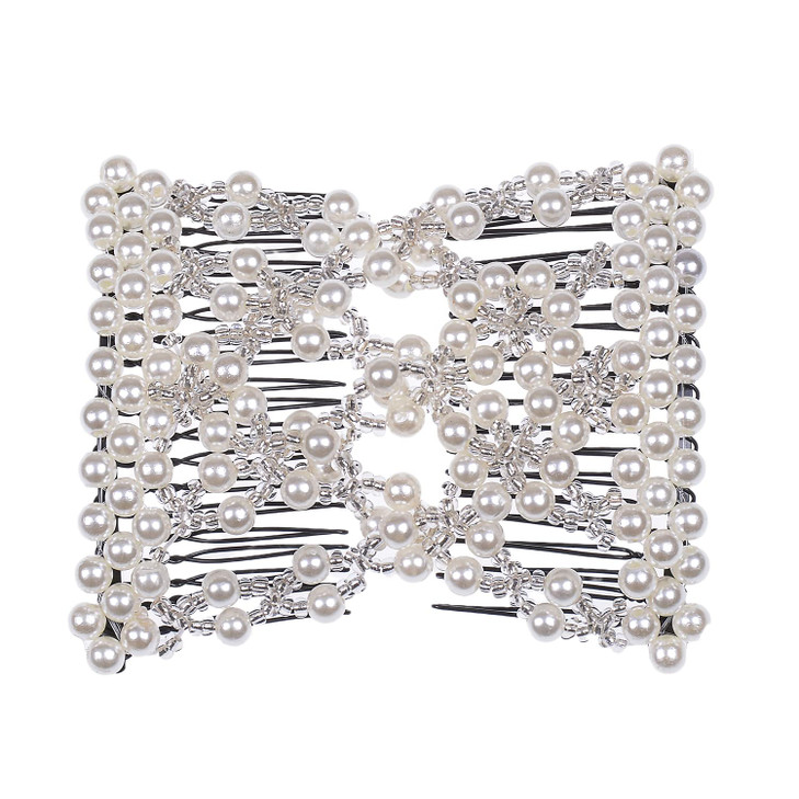 LOVEF3 Pcs Fashion Exquisite Beaded Easy Stretchable Combs Flower Pearl Double Hair Combs Magic Crystal Double Clips Ins
