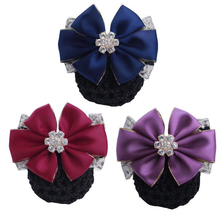 3 Pieces Premium Hair Barrette with Big Bowknot and Dimond Decorated Hair Clips with Snood Hair Snood with Clips Hair Cl