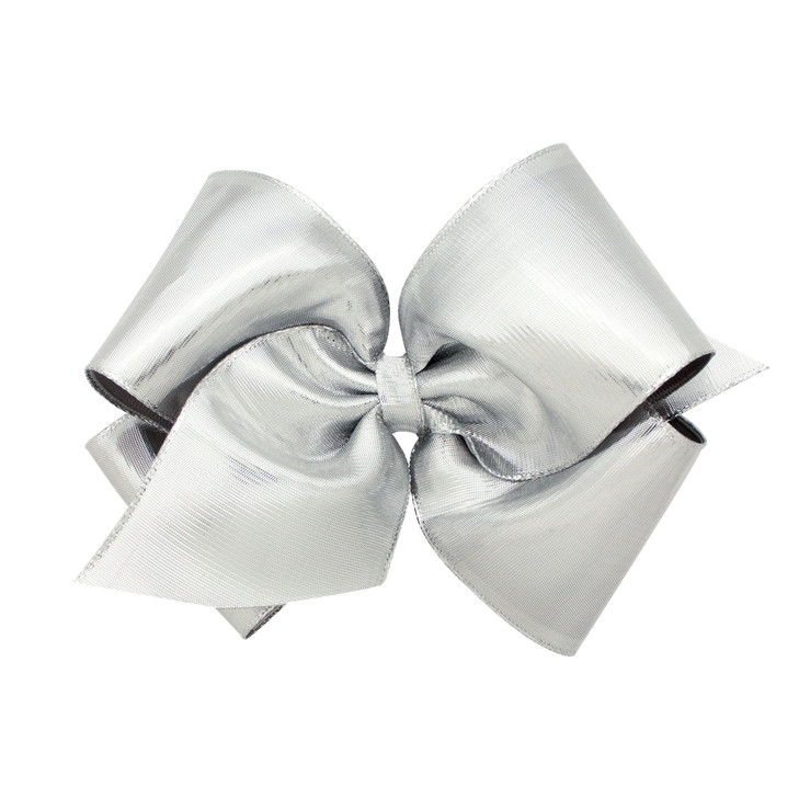 Wee Ones Girls Metallic Overlay Hair Bow on a WeeStay No Slip Clip King Silver