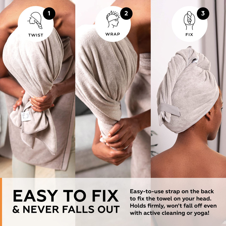 Super Absorbent Quick Dry NoFrizz Soft Microfiber Hair Towel Wrap for Curly Coily or Tight Hair with Robust Elastic Stra
