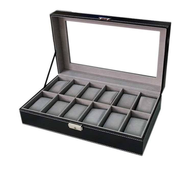 Sodynee WBPU1203 Watch Dislpay Box Organizer Pu Leather with Glass Top Large Black