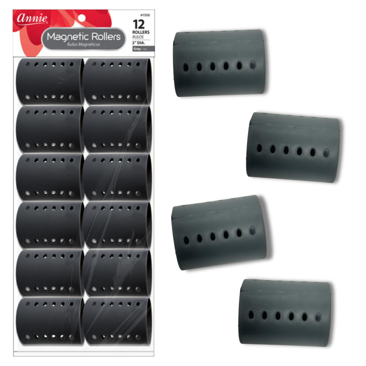 Annie Magnetic Hair Rollers 2 Inch 12 Count Gray Curlers for Smooth Curls Waves Easy Dry or Damp Sets Secure Comfortable