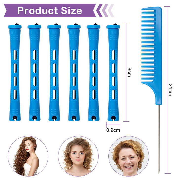 Coolrunner Hair Perm Rods Set 60PCS Blue Plastic Curler Perming Rods with Steel Pintail Comb DIY Hair Curler Styling Too