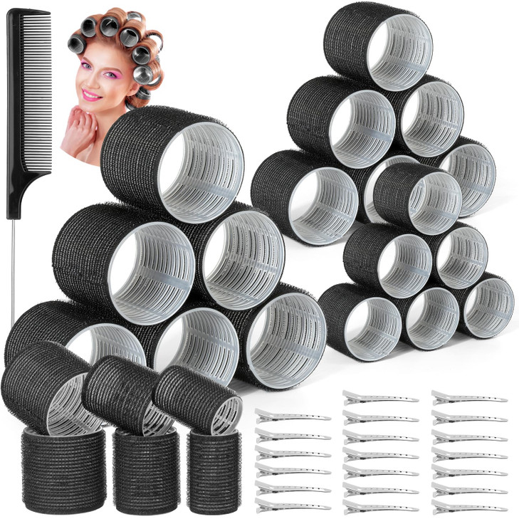 39PCS Self Grip Curlers 3 Sizes Black 25in 19in 14in Rollers with Duckbill Clips for Long Medium Short Thick Fine Hair V