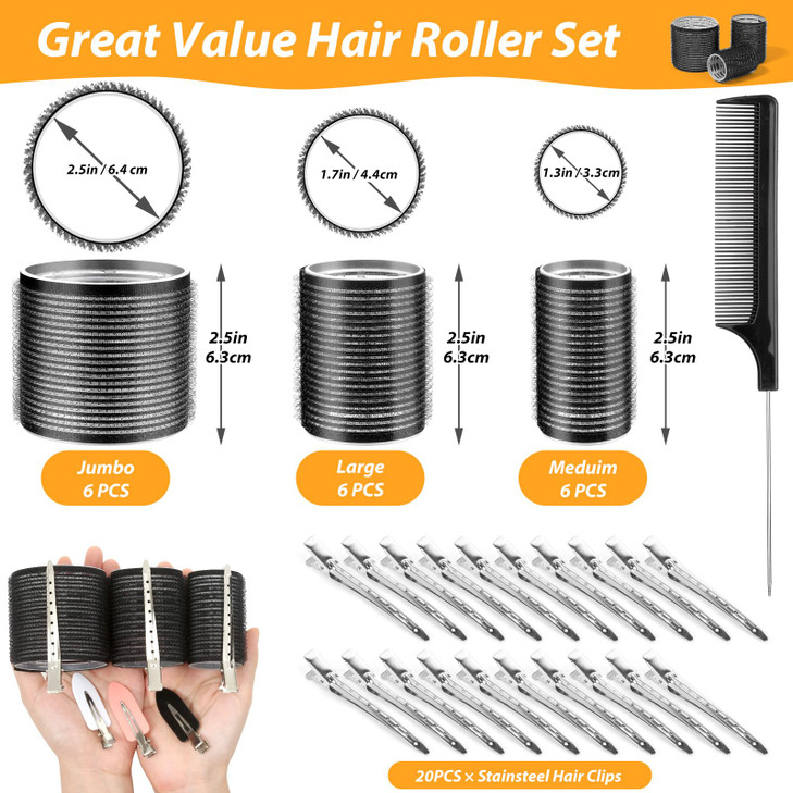 39PCS Self Grip Curlers 3 Sizes Black 25in 19in 14in Rollers with Duckbill Clips for Long Medium Short Thick Fine Hair V