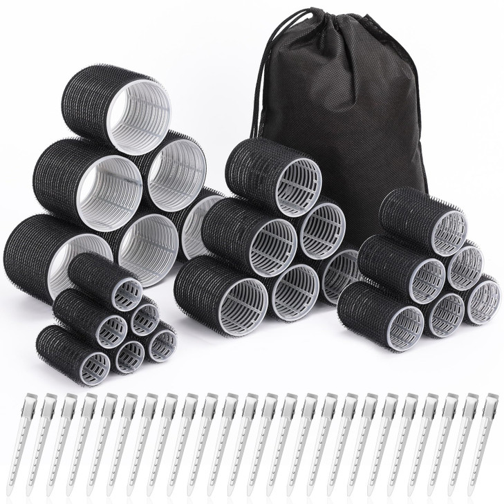 Hair Curlers Set with 24 Rollers 6 Jumbo 6 Large 6 Medium 6 Small and 24 Clips for All Hair Lengths Black