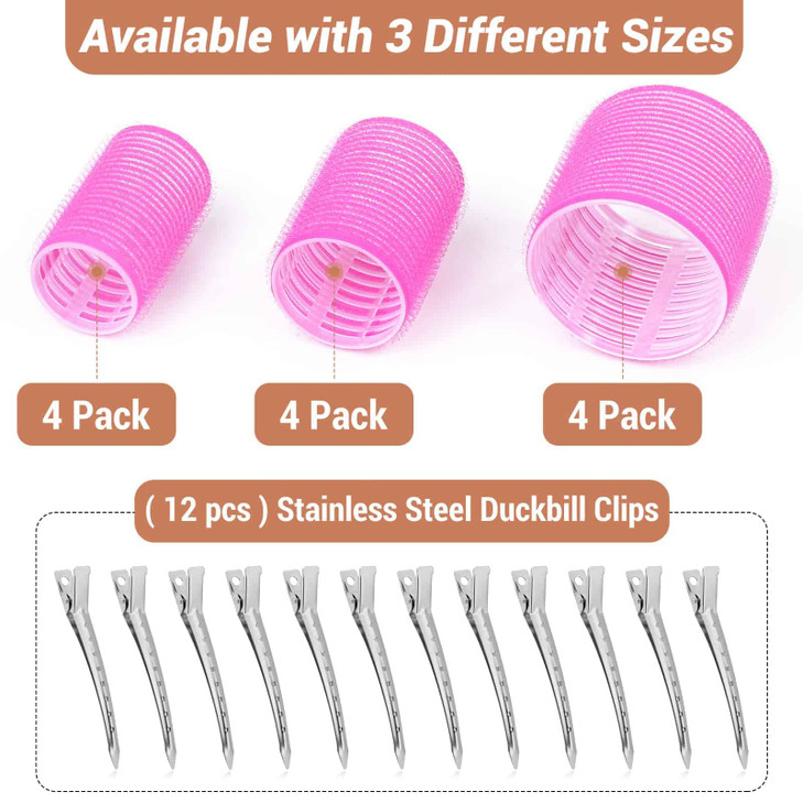 Self Grip Hair Rollers Curlers Set 24 Pieces with 3 Sizes 4 Jumbo 4 Large 4 Medium and 12 Clips for Volume on Long Short
