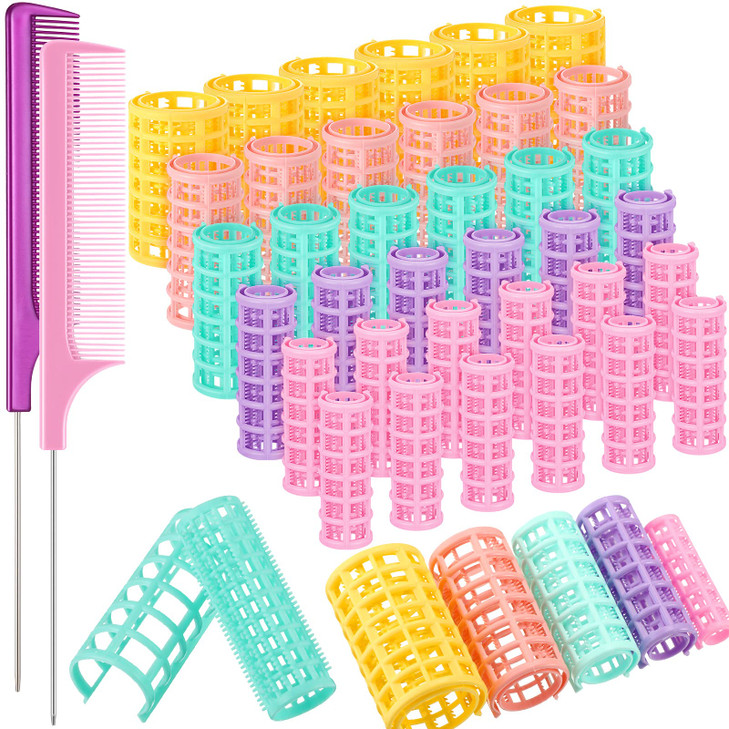 WILLBOND 36 Pieces Plastic Hair Roller 5 Sizes Curlers Self Grip No Heat Rollers with 2 Pieces Steel Pintail Combs for S