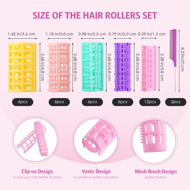 WILLBOND 36 Pieces Plastic Hair Roller 5 Sizes Curlers Self Grip No Heat Rollers with 2 Pieces Steel Pintail Combs for S