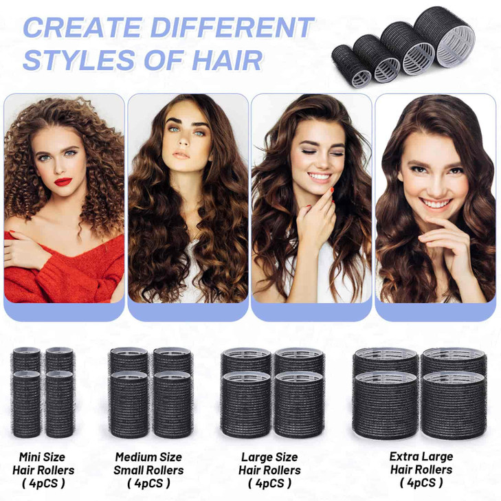 Selizo Hair Roller 28 Pcs Set Includes 16Pcs SelfGrip Hair Rollers in 4 Sizes and 12Pcs Hair Clips for Long Medium Short