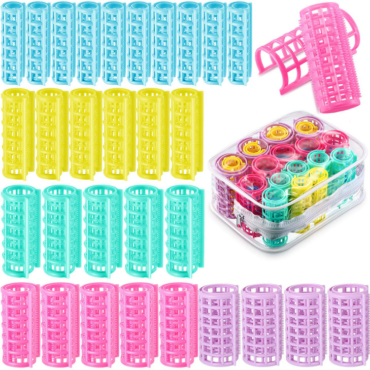 30 Pieces Plastic Hair Rollers SelfGrip Curlers in 5 Sizes No Heat Required for DIY Hair Styling and Salon Use