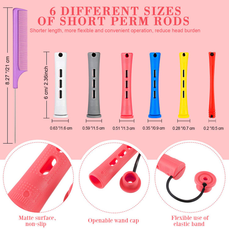 WILLBOND 72 Pieces Hair Perm Rods Set Short Plastic Perming Rods Cold Wave Rods 6 Sizes Hair Curling Rollers with 1 Piec
