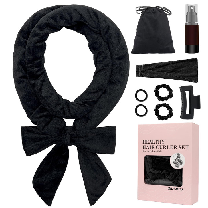ZILAMPU No Heat Curling Rod Headband Overnight Velour Hair Curls Roller Wrap for Women with Long Hair Black