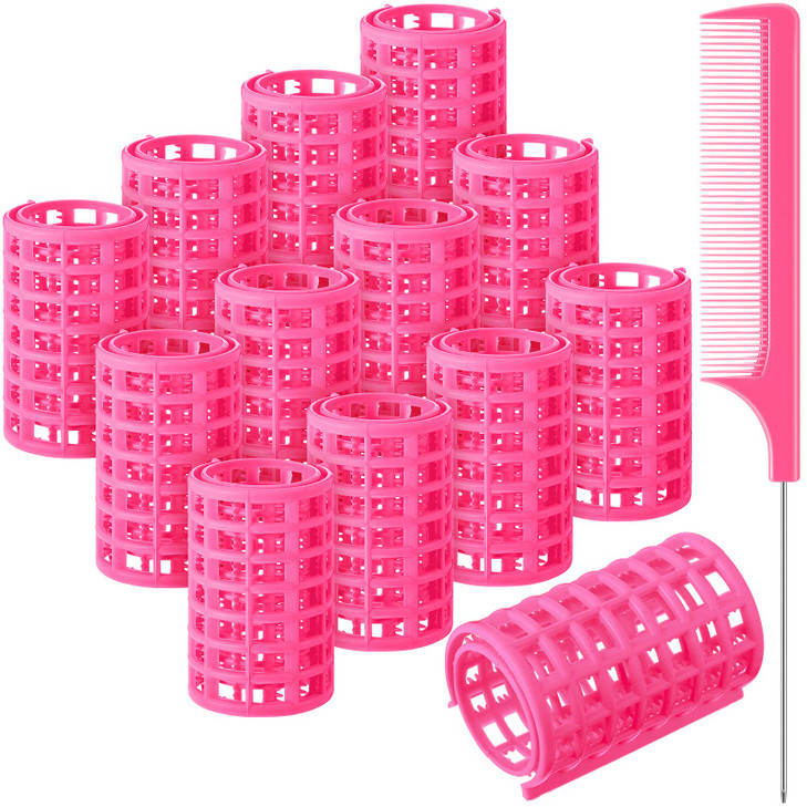 Syhood 12 Pcs Plastic Hair Rollers for Women Large Size Curlers Set Snap Roller Clips with Rat Tail Comb for Long Medium