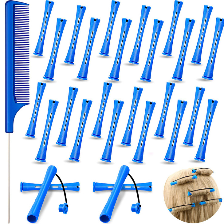 Chuangdi 24 Pcs Hair Perm Rods Plastic Cold Wave Perming Curlers Hair Rollers with Steel Pintail Comb Rat Tail Comb Tool