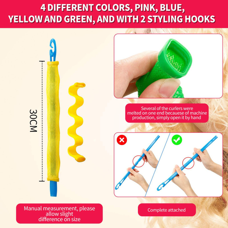 30 Pieces Heatless Waves Curlers Spiral Curls Styling Kit No Heat Hair Waver Spiral Curlers Rollers with 2 Pieces Stylin