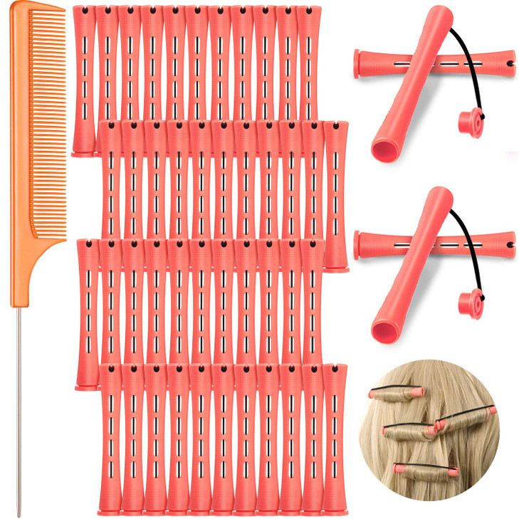 48 Pieces Cold Wave Hair Perm Rods and Plastic Curlers with Steel Pintail Comb for Hairdressing and Styling Pink 051 Inc