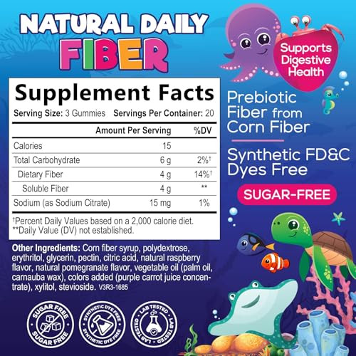Kids Fiber Gummies 4g  Sugar Free Prebiotic Plant-Based Fiber Supplement - Improved Soluble Formula Gently Supports Digestive Health & Regularity -