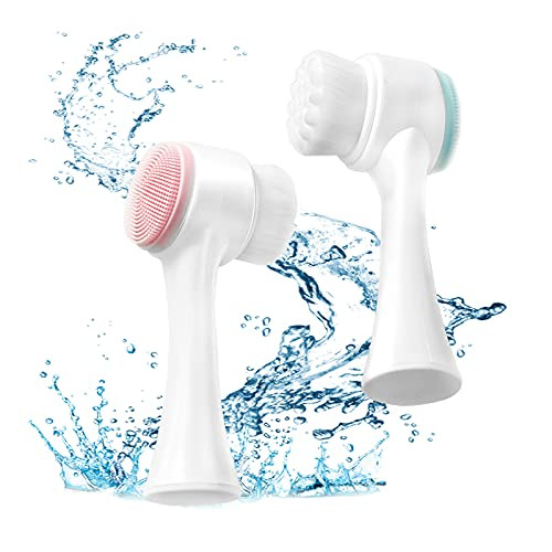 2PCS Doubleheaded Manual Facial Cleansing Brush Set 2 in 1 Soft Bristle and Silicone Face Cleaning Beauty Brush for Deep