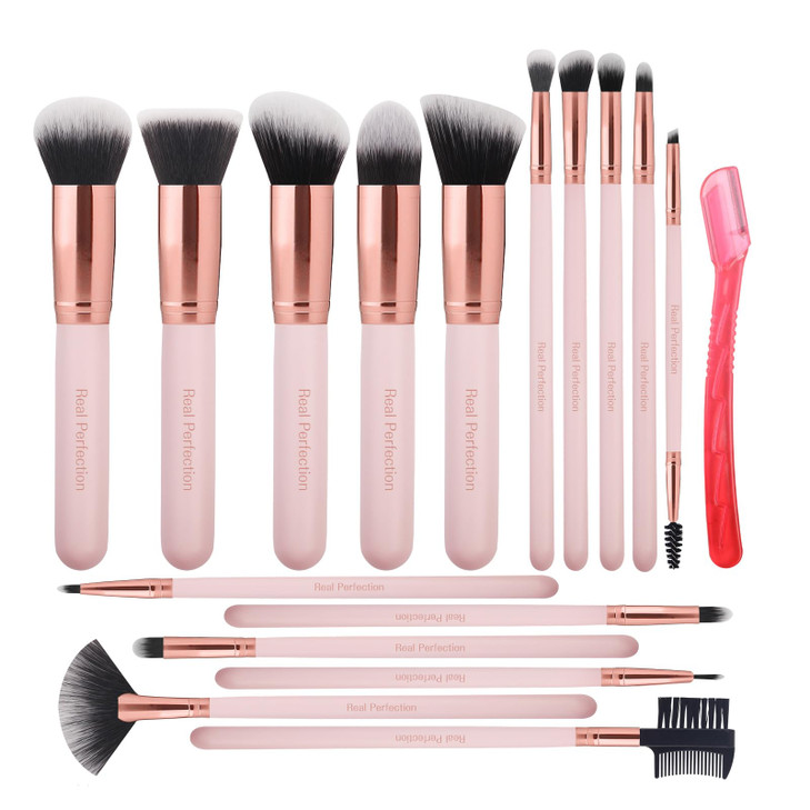 Real Perfection Makeup Brush Set 16 Pcs with 1 Eyebrow Razor Premium Synthetic Foundation Powder Concealers Eyeshadow Bl