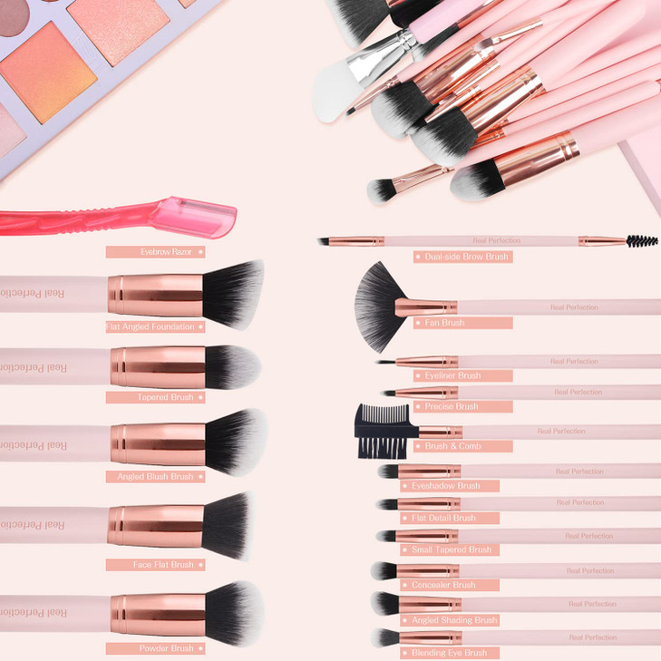 Real Perfection Makeup Brush Set 16 Pcs with 1 Eyebrow Razor Premium Synthetic Foundation Powder Concealers Eyeshadow Bl
