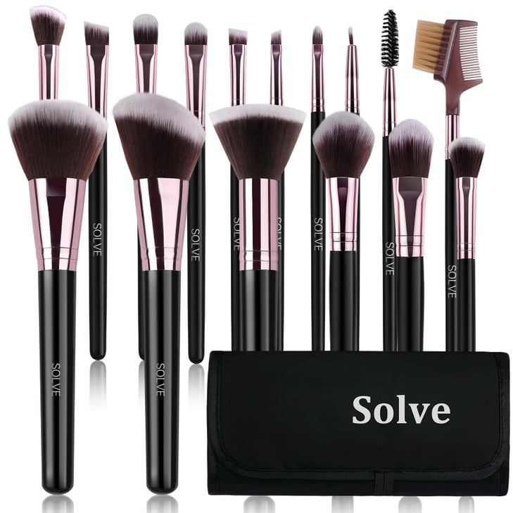 SOLVE Makeup Brushes 16 Pcs Premium Synthetic Make up Brushes with Black Travel Case Makeup Brush Set for Foundation Pow