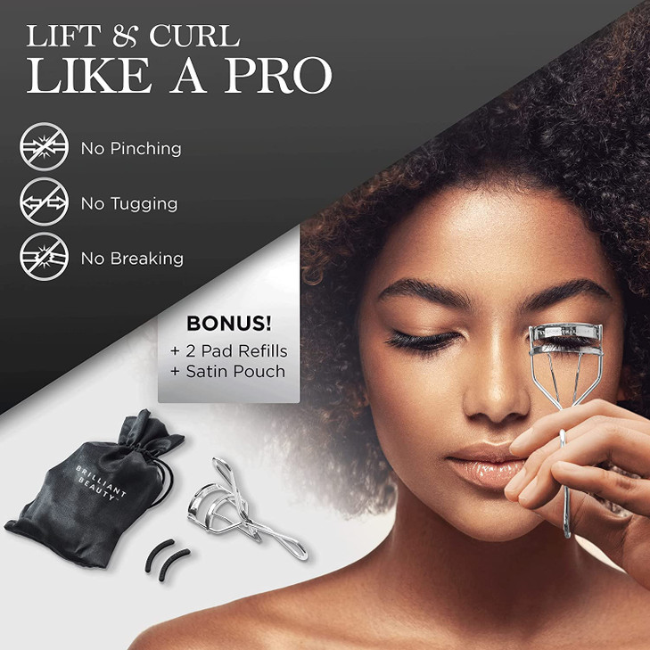 Brilliant Beauty Eyelash Curler with Satin Bag and Refill Pads Award Winning No Pinching Just Dramatically Curled Eyelas