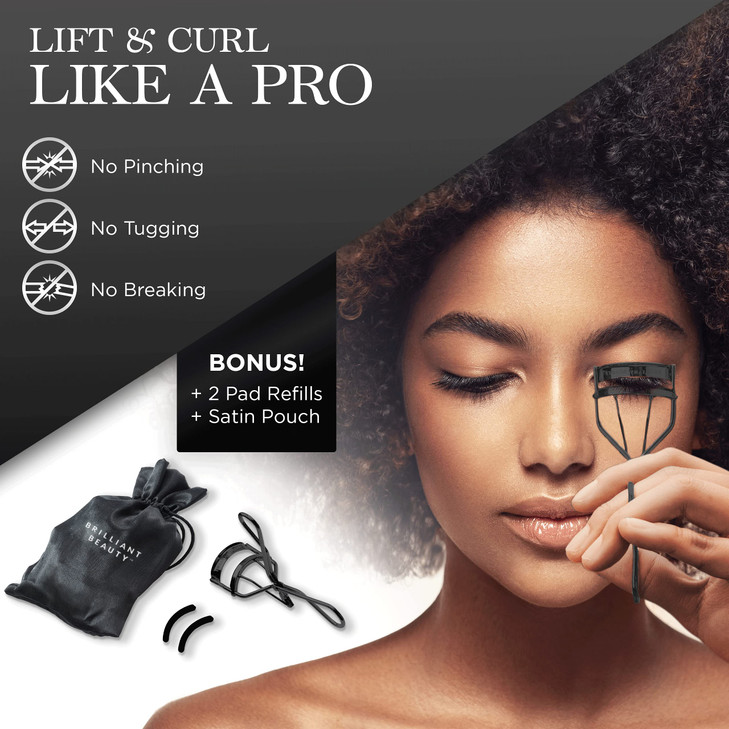 Brilliant Beauty Eyelash Curler with Satin Bag Refill Pads Award Winning Eye Lash Curlers for Dramatically Curled Eyelas