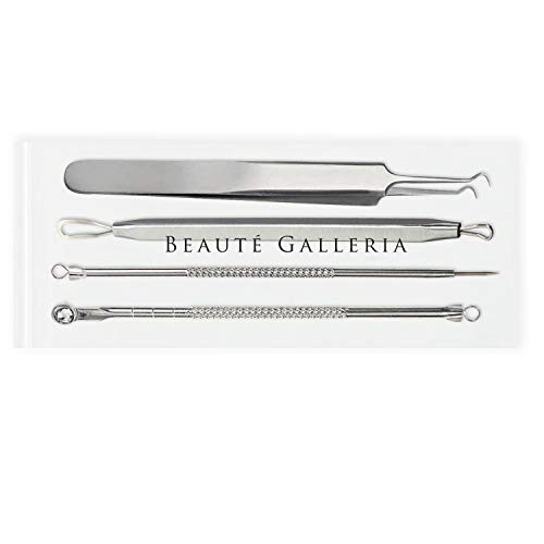 Beaute Galleria 4 Pieces Blackhead Remover Pimple Extractor Popper Bend Curved Tweezers for Acne Comedone Blemish Whiteh