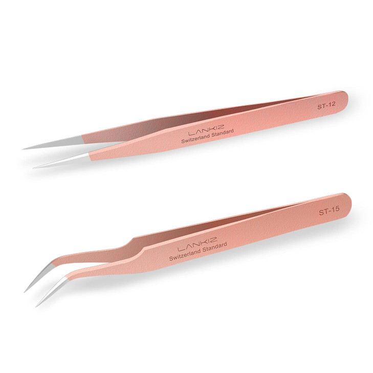 LANKIZ Eyelash Extension Tweezers Set 5 PCS for Volume Lash Extensions Stainless Steel Straight and Curved Tips Eyelash