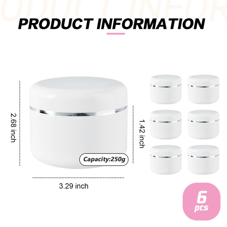 6 Pcs 250g 8oz Empty Plastic Jars Round Refillable Cosmetic Container with Lid and Inner Liners for Cream Lotion Lip Bal
