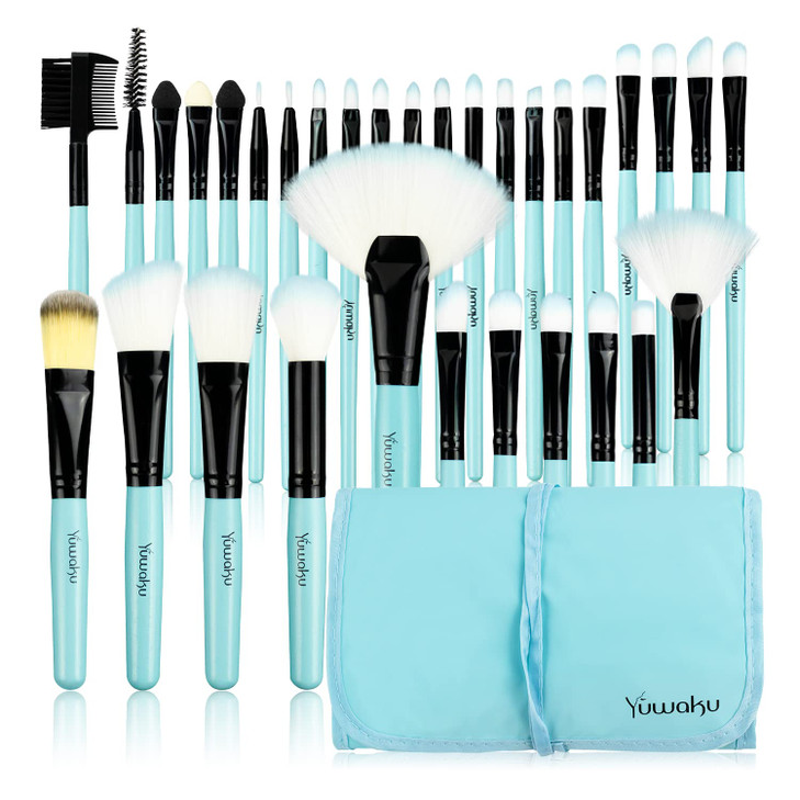 Makeup Brushes Set 32pcs Blue Premium Cosmetic Make Up Brushes Foundation Blending Blush Concealer Shader Eyeshadow Eyel