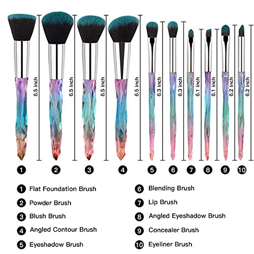 Yuwaku Makeup Brushes 10pcs Premium Synthetic Foundation Blending Blush Powder Eyeshadow Brush Set Blue Transparent Crys
