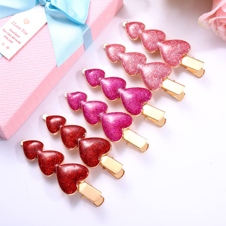 Valentine's Day Hair Clips Glitter Heart Shape Alligator Metal Clip Sparkle Rhinestone Enamel Love Heart Hairpins Sweet Triple Heart Hair Barrettes f online at globaldelivered