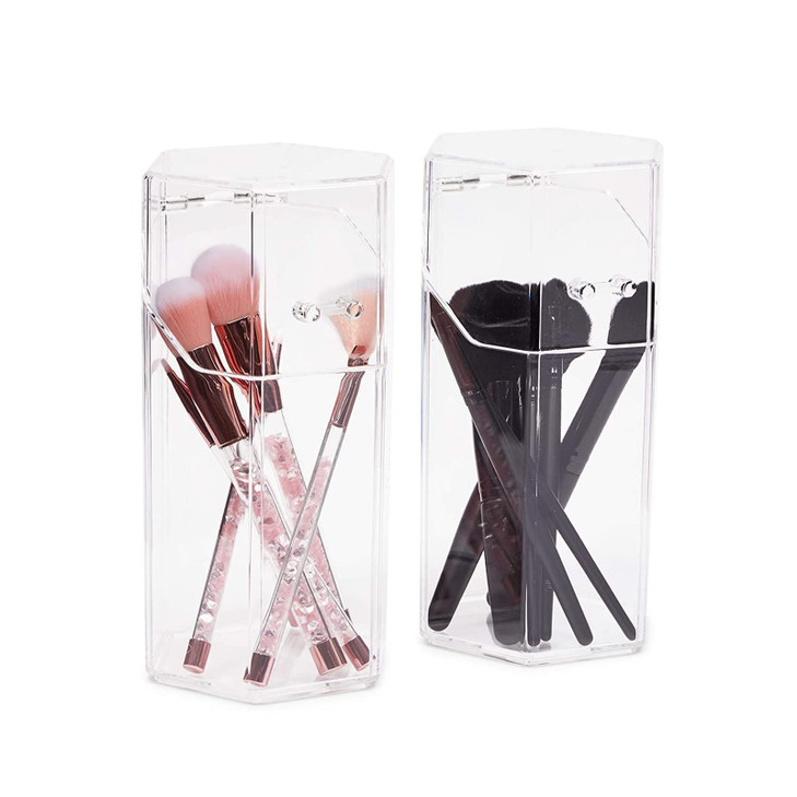 Glamlily Acrylic Makeup Brush Holder with Lid Dustproof Storage Countertop Makeup Organizer Hexagon Vanity Organizer Cle