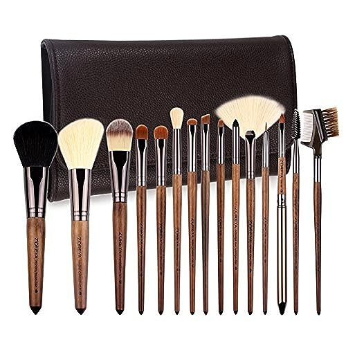 Makeup Brush Set 15pcs Unique Walnut Makeup Brushes with Vegan Leather Bag Professional No Shed Tan Makeup Brushes