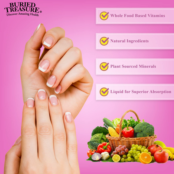 Buried Treasure Hair Skin and Nails with MSM Biotin Aloe Vera plus Vitamins and Minerals in a High Potency Liquid Whole