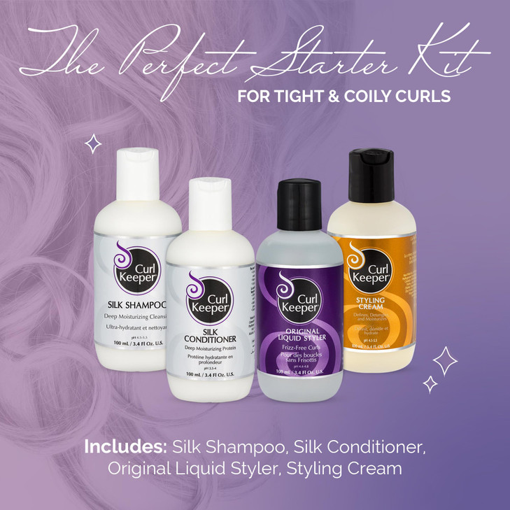 Curl Keeper Tight Curl Starter Kit for Coily Hair Travel Size Set Includes Original Liquid Styler Silk Shampoo Silk Cond